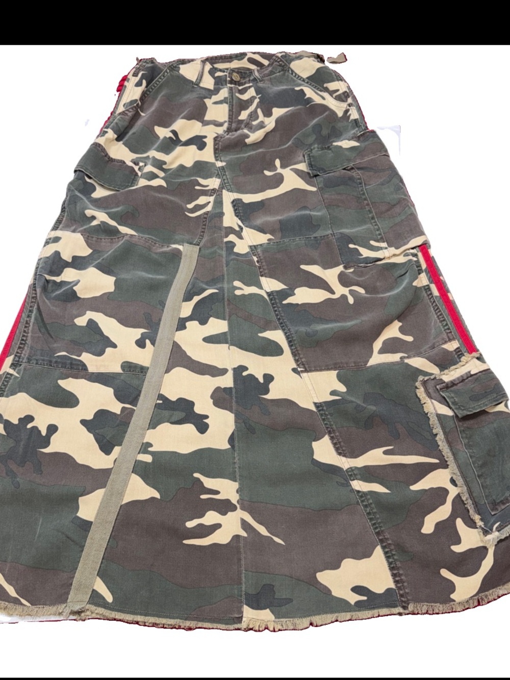 Da-Nang Long Camo Cargo Skirt RED Side Stripes Y2K Emo Punk Women’s S Rayon RARE